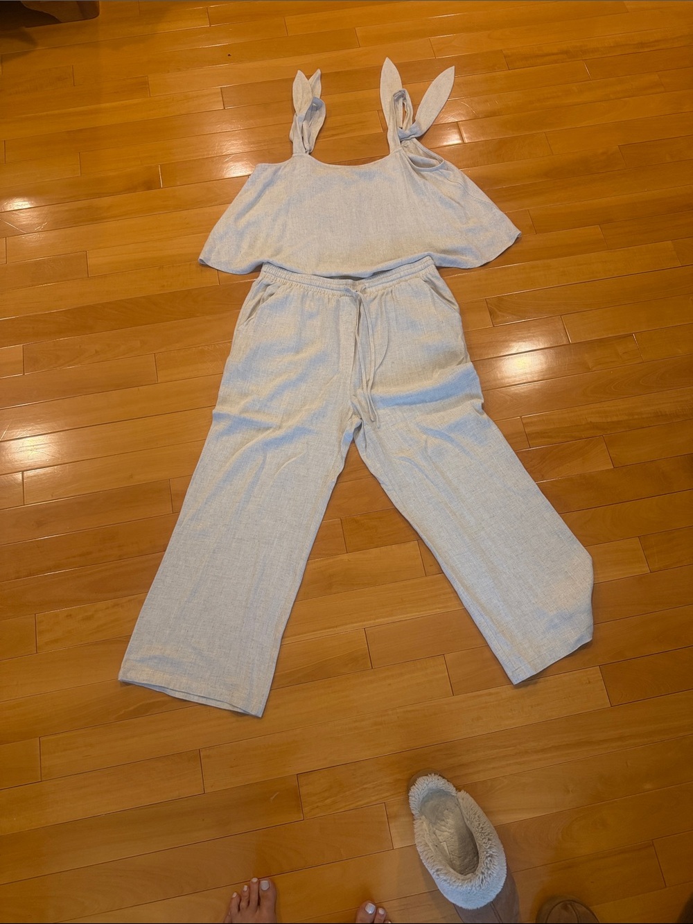 Topshop Light Blue Tie-Shoulder Crop Top & Wide-Leg Pants Set